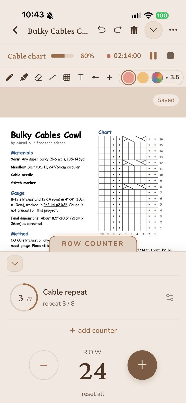 A written pattern open with the row counter underneath it, showing a cable repeat at three of eight and row twenty-four.