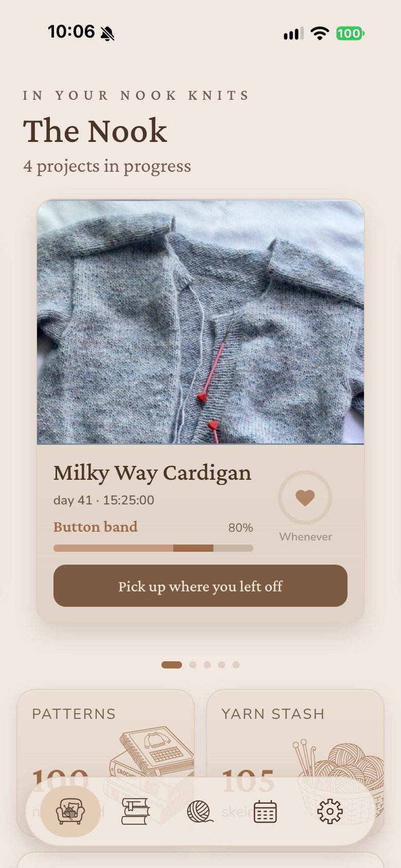 The home screen with one project in front: a photo of a grey cardigan in progress, the stage it is at, and a button reading Pick up where you left off.