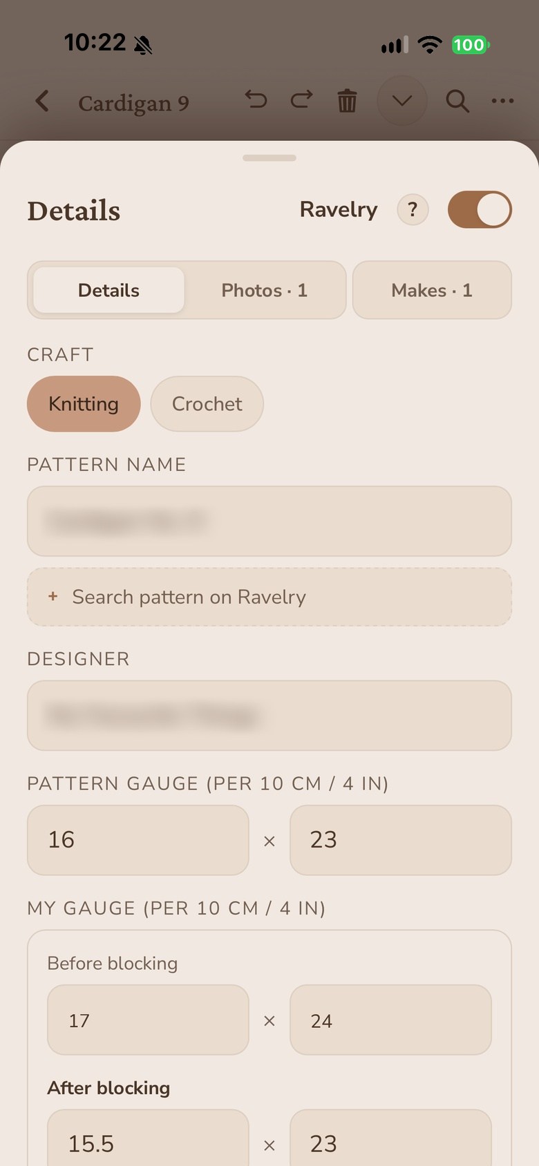 The project details sheet with Ravelry switched on, showing the craft, the pattern name and designer deliberately blurred, and the gauge the project is worked at.