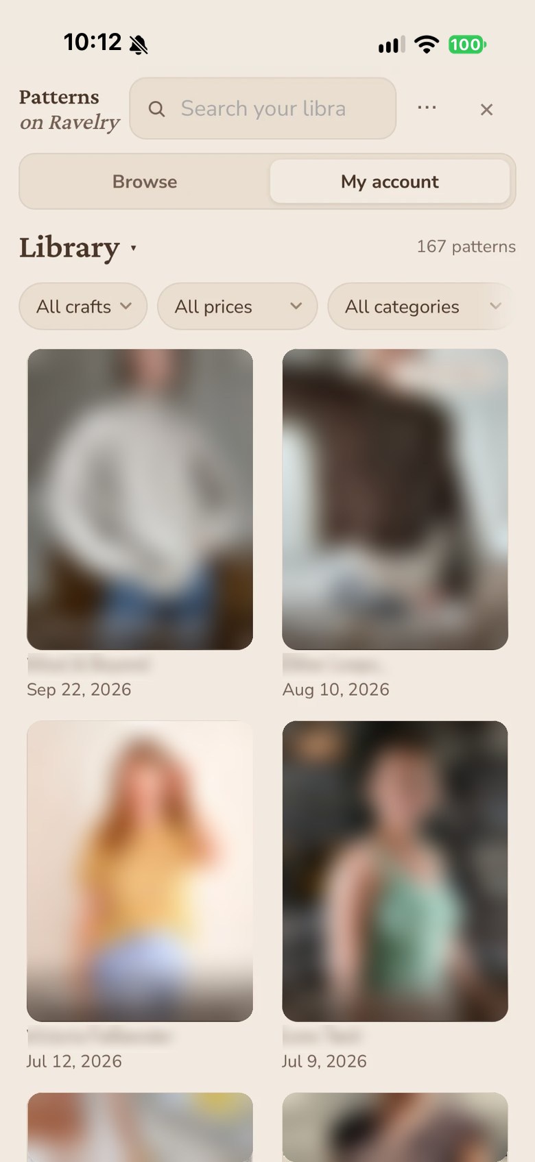 A Ravelry library opened inside the app, showing a grid of saved patterns with their covers deliberately blurred.