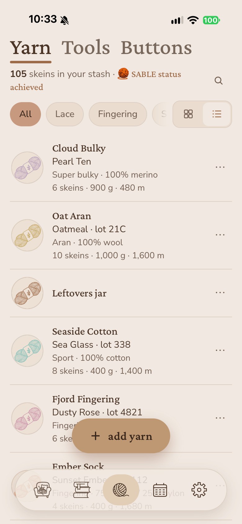 The stash list, showing each yarn with its colorway, weight, fiber and how many skeins are left.