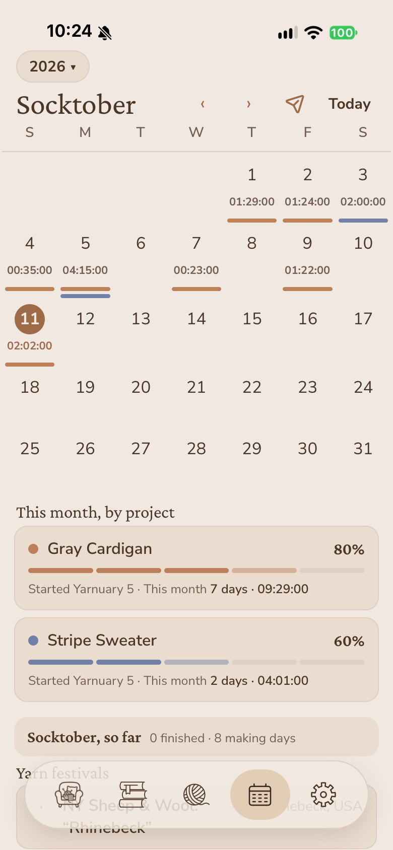 The calendar for October, with the hours under each day worked and a per-project summary underneath.